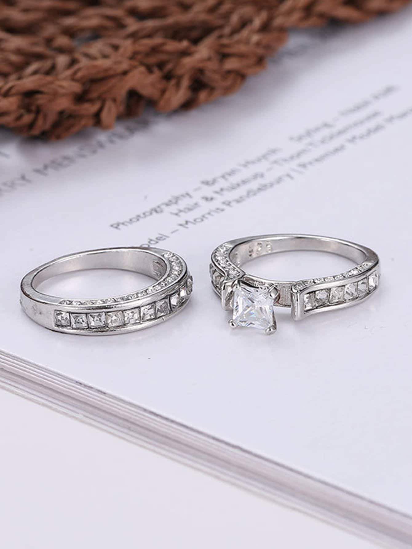 Rhinestone Engraved Ring Set 2pcs