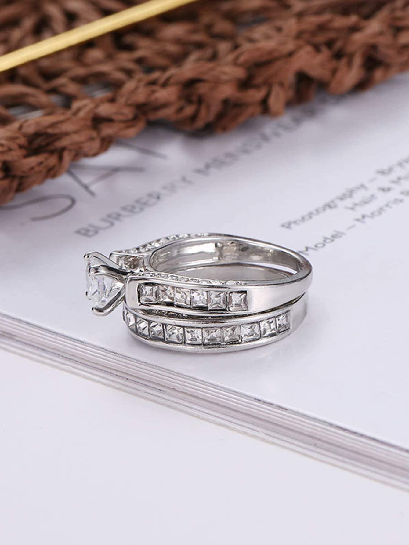 Rhinestone Engraved Ring Set 2pcs